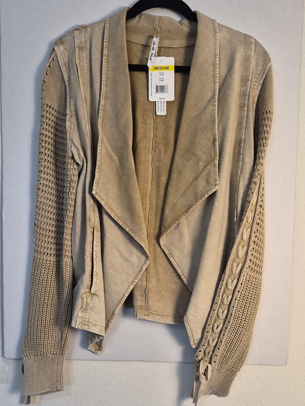 Leo & Nicole Beige Open-Front Mixed Knit Cardigan
